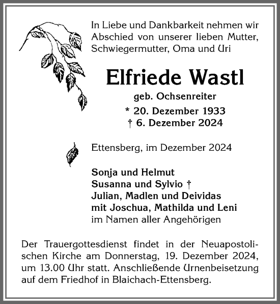 Traueranzeige von Elfriede Wastl von Allgäuer Anzeigeblatt