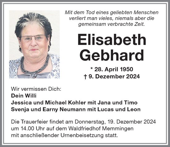 Traueranzeige von Elisabeth Gebhard von Memminger Zeitung