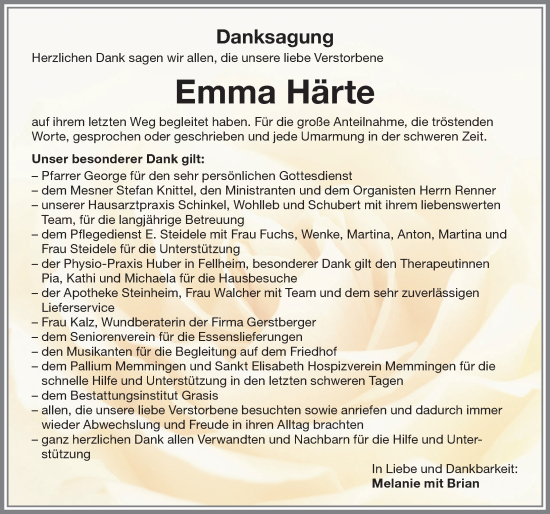 Traueranzeige von Emma Härte von Memminger Zeitung