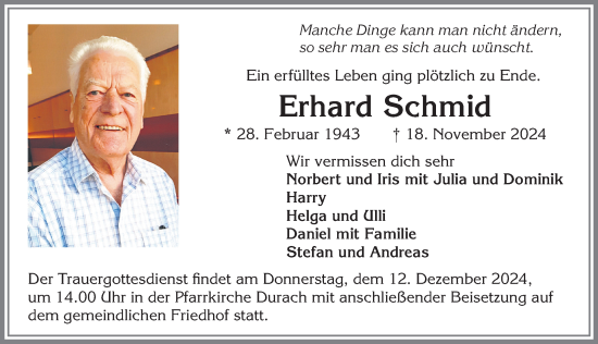 Traueranzeige von Erhard Schmid von Allgäuer Zeitung,Kempten