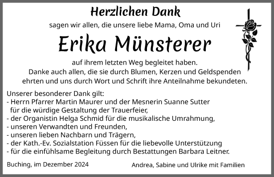 Traueranzeige von Erika Münsterer von Allgäuer Zeitung, Füssen