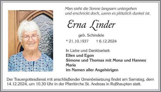 Traueranzeige von Erna Linder von Allgäuer Zeitung, Füssen