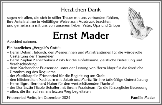 Traueranzeige von Ernst Mader von Allgäuer Zeitung, Marktoberdorf