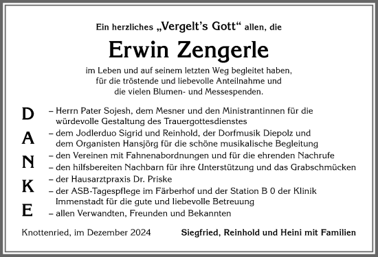 Traueranzeige von Erwin Zengerle von Allgäuer Anzeigeblatt