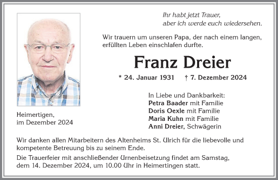 Traueranzeige von Franz Dreier von Memminger Zeitung