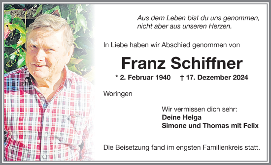 Traueranzeige von Franz Schiffner von Memminger Zeitung