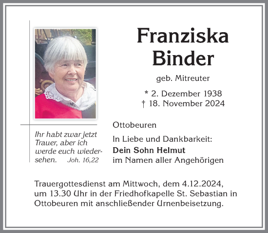 Traueranzeige von Franziska Binder von Memminger Zeitung