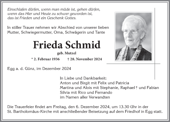 Traueranzeige von Frieda Schmid von Memminger Zeitung