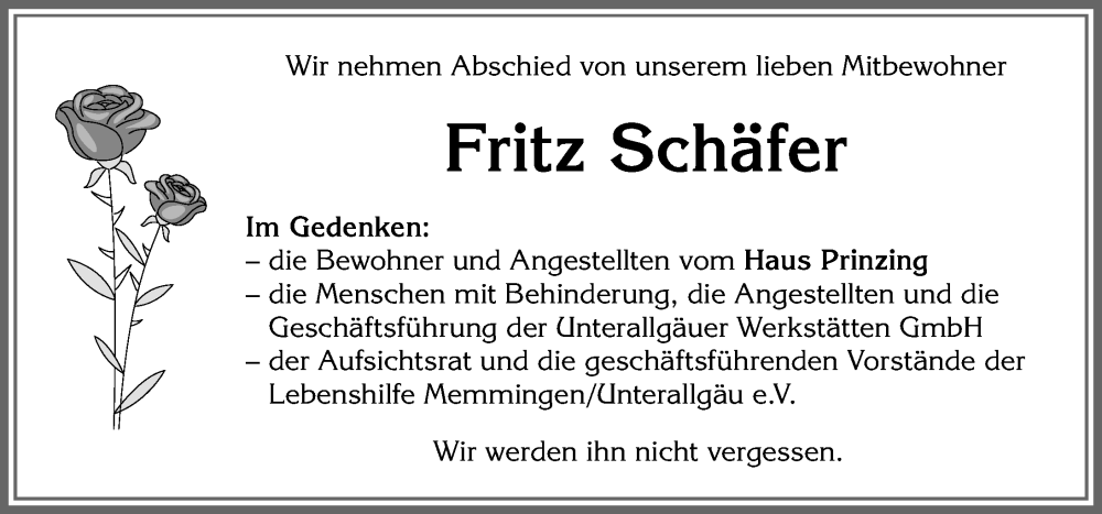  Traueranzeige für Fritz Schäfer vom 24.12.2024 aus Memminger Zeitung