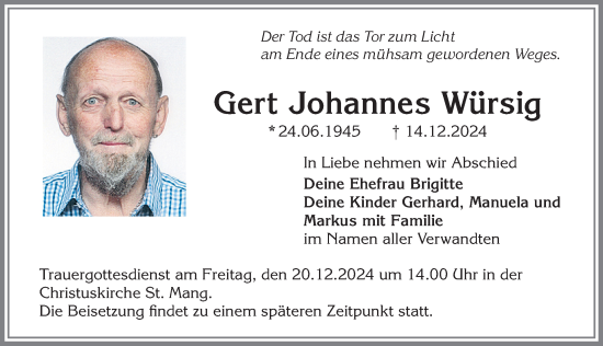 Traueranzeige von Gert Johannes Würsig von Allgäuer Zeitung,Kempten