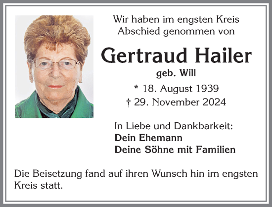 Traueranzeige von Gertraud Hailer von Allgäuer Zeitung, Füssen