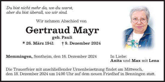 Traueranzeige von Gertraud Mayr von Memminger Zeitung