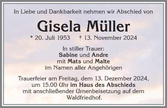 Traueranzeige von Gisela Müller von Memminger Zeitung