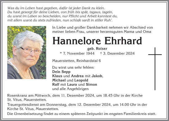 Traueranzeige von Hannelore Ehrhard von Allgäuer Zeitung, Kaufbeuren/Buchloe