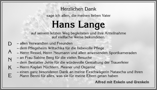Traueranzeige von Hans Lange von Allgäuer Zeitung, Kaufbeuren/Buchloe