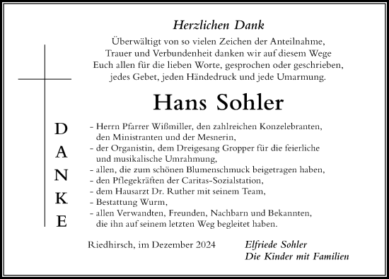 Traueranzeige von Hans Sohler von Der Westallgäuer