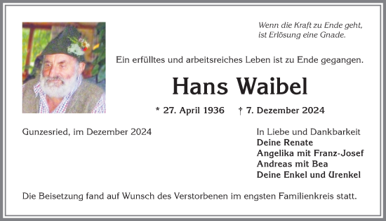 Traueranzeige von Hans Waibel von Allgäuer Anzeigeblatt