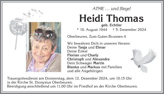 Traueranzeige von Heidi Thomas von Allgäuer Zeitung, Kaufbeuren/Buchloe