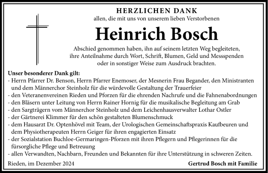 Traueranzeige von Heinrich Bosch von Allgäuer Zeitung, Kaufbeuren/Buchloe
