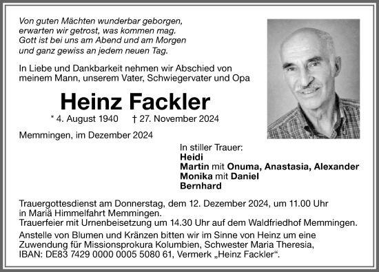 Traueranzeige von Heinz Fackler von Memminger Zeitung