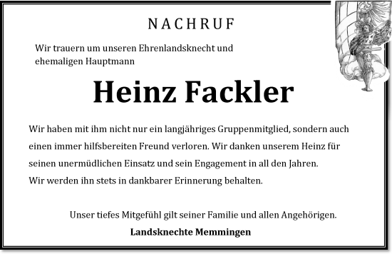 Traueranzeige von Heinz Fackler von Memminger Zeitung