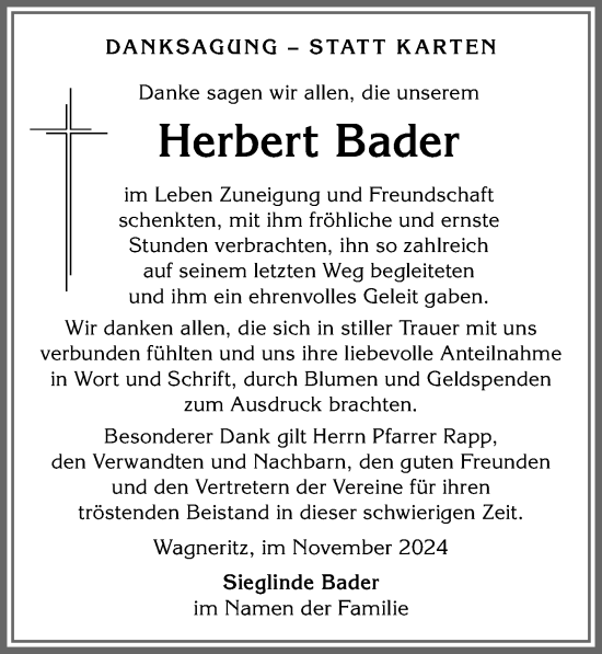 Traueranzeige von Herbert Bader von Allgäuer Anzeigeblatt