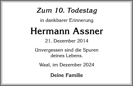 Traueranzeige von Hermann Assner von Allgäuer Zeitung, Kaufbeuren/Buchloe
