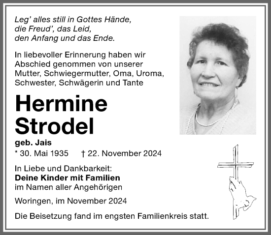 Traueranzeige von Hermine Strodel von Memminger Zeitung