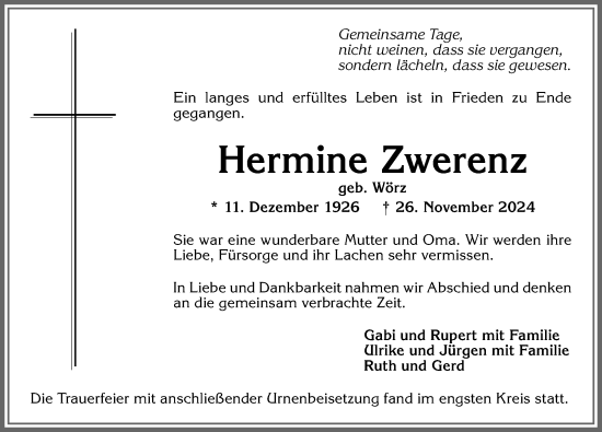 Traueranzeige von Hermine Zwerenz von Allgäuer Zeitung, Kaufbeuren/Buchloe