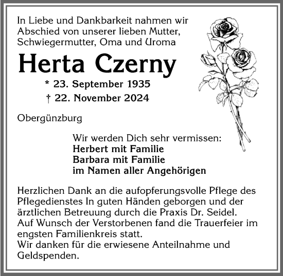 Traueranzeige von Herta Czerny von Allgäuer Zeitung, Marktoberdorf