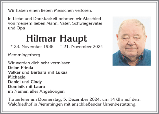 Traueranzeige von Hilmar Haupt von Memminger Zeitung