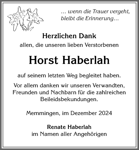 Traueranzeige von Horst Haberlah von Memminger Zeitung