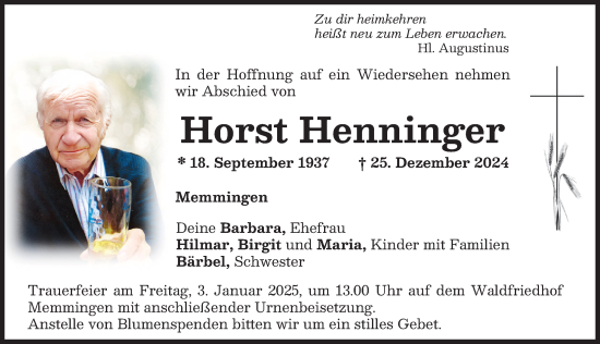 Traueranzeige von Horst Henninger von Memminger Zeitung