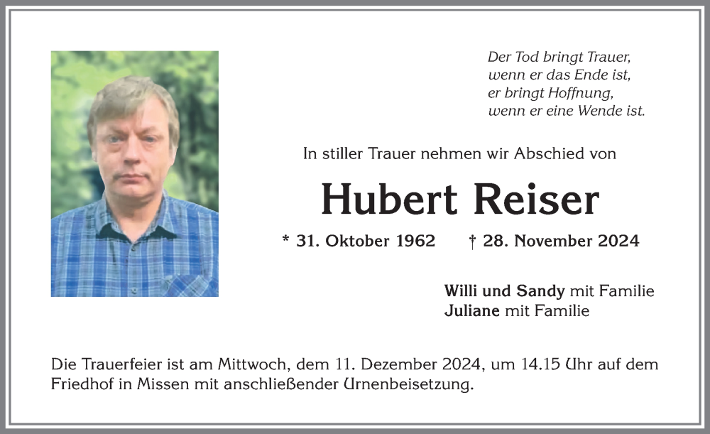  Traueranzeige für Hubert Reiser vom 09.12.2024 aus Allgäuer Anzeigeblatt