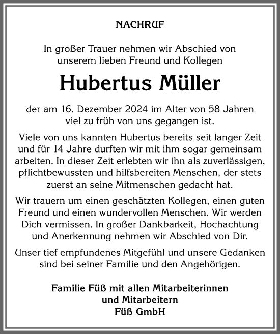Traueranzeige von Hubertus Müller von Allgäuer Anzeigeblatt