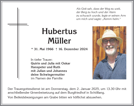 Traueranzeige von Hubertus Müller von Allgäuer Anzeigeblatt