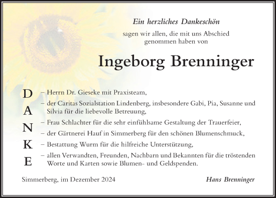 Traueranzeige von Ingeborg Brenninger von Der Westallgäuer