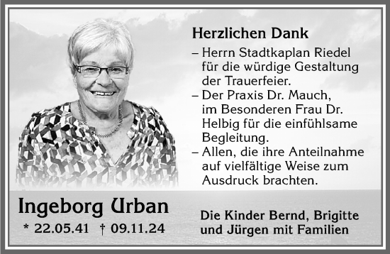 Traueranzeige von Ingeborg Urban von Allgäuer Zeitung, Marktoberdorf