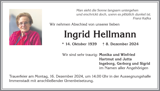 Traueranzeige von Ingrid Hellmann von Allgäuer Anzeigeblatt