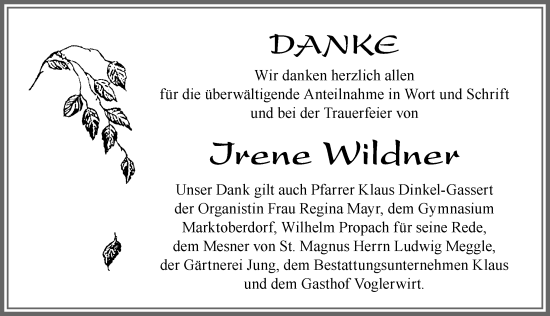 Traueranzeige von Irene Wildner von Allgäuer Zeitung, Marktoberdorf