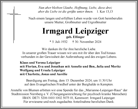 Traueranzeige von Irmgard Leipziger von Allgäuer Zeitung,Kempten