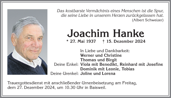 Traueranzeige von Joachim Hanke von Allgäuer Zeitung, Kaufbeuren/Buchloe