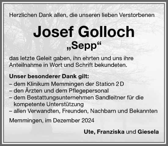 Traueranzeige von Josef Golloch von Memminger Zeitung