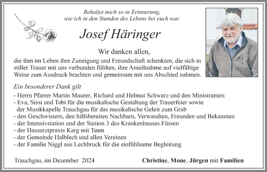 Traueranzeige von Josef Häringer von Allgäuer Zeitung, Füssen