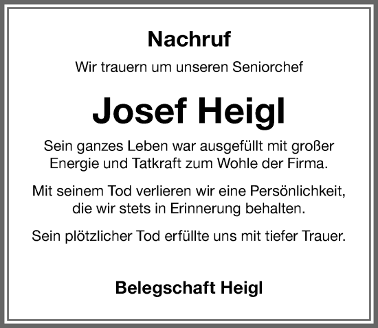 Traueranzeige von Josef Heigl von Memminger Zeitung