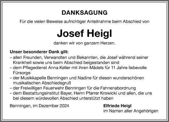 Traueranzeige von Josef Heigl von Memminger Zeitung