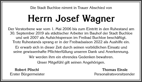 Traueranzeige von Josef Wagner von Allgäuer Zeitung, Kaufbeuren/Buchloe