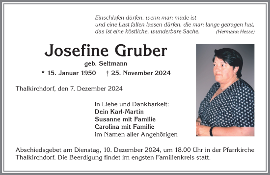 Traueranzeige von Josefine Gruber von Allgäuer Anzeigeblatt
