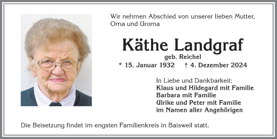 Traueranzeige von Käthe Landgraf von Allgäuer Zeitung, Kaufbeuren/Buchloe