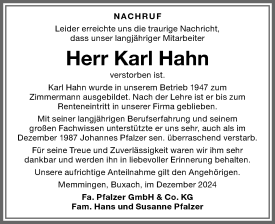 Traueranzeige von Karl Hahn von Memminger Zeitung